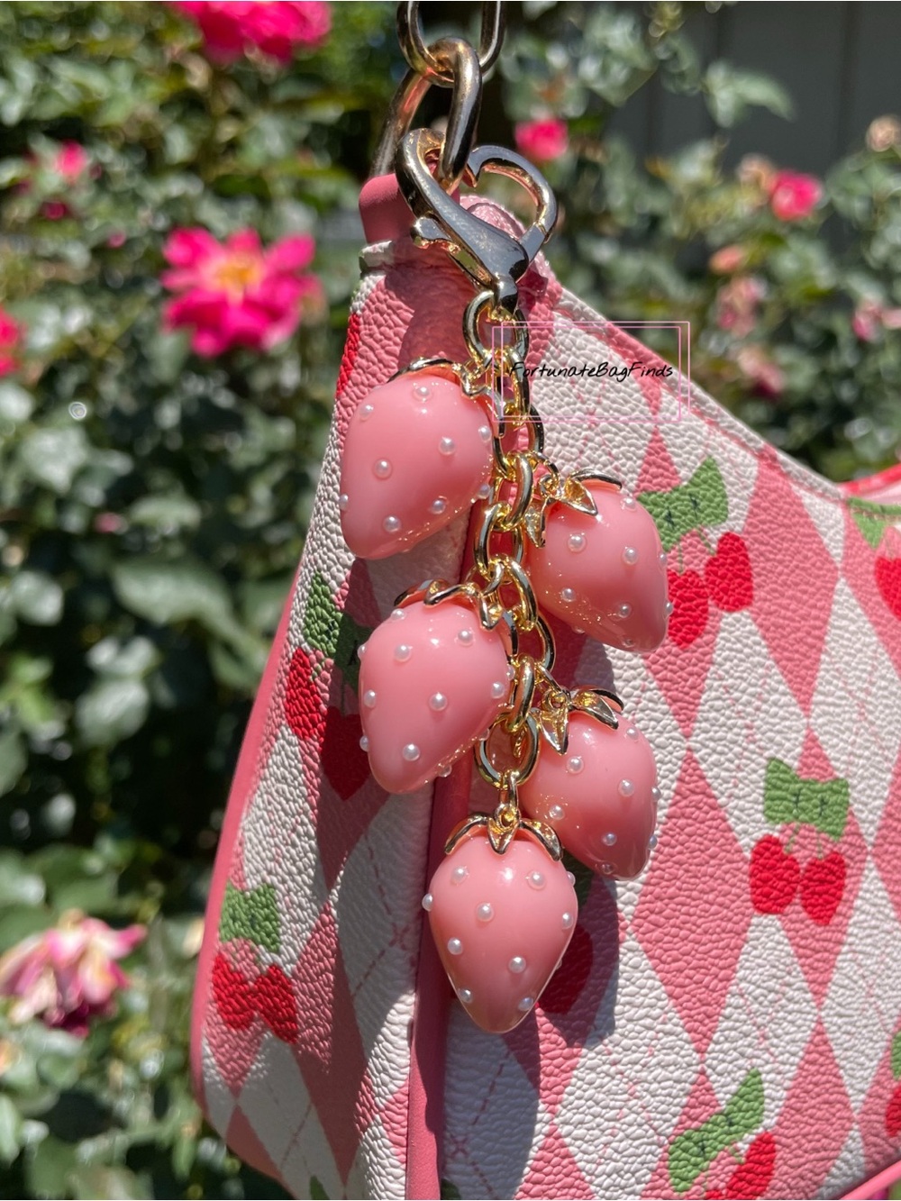 Pink Pearl Heart Strawberry Cluster Charm Coquette Cute Kawaii Bag Purse Charm - Picture 6 of 7